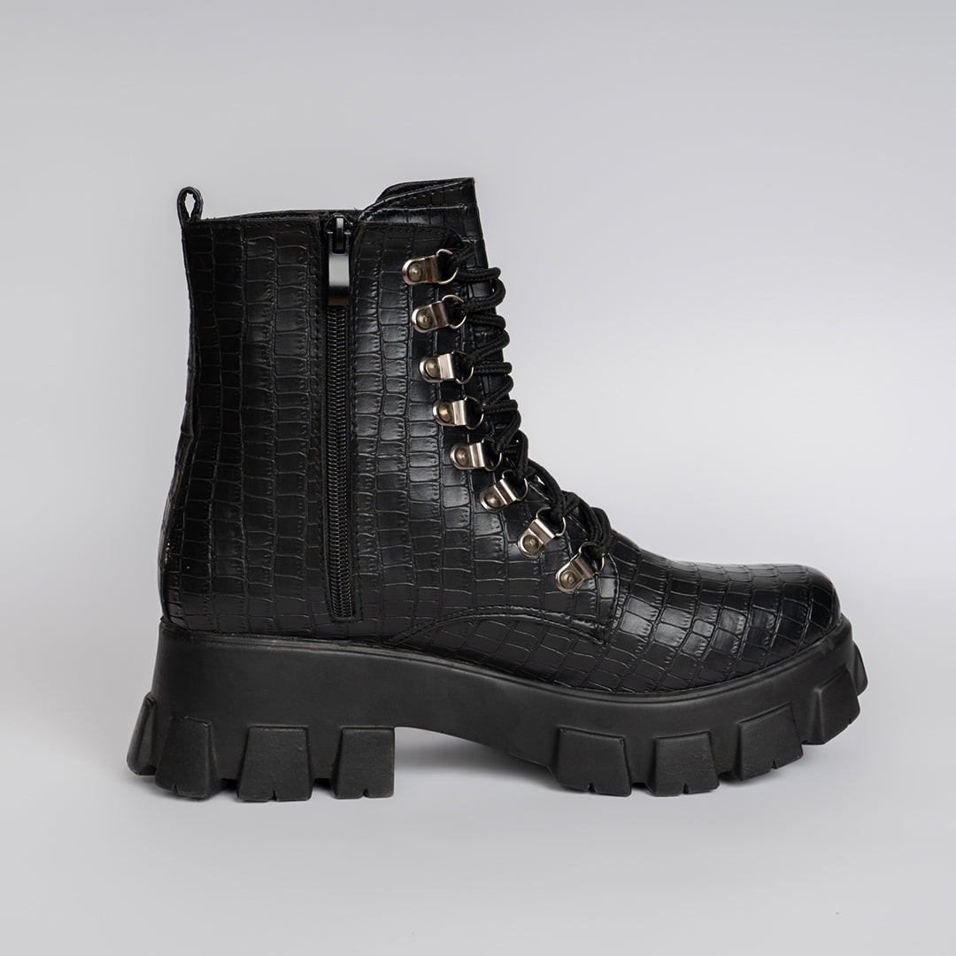 Croco Leather Boot - Black