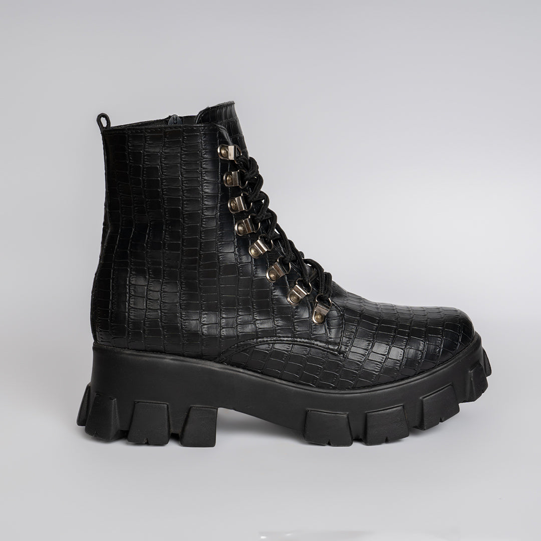 Croco Leather Boot - Black