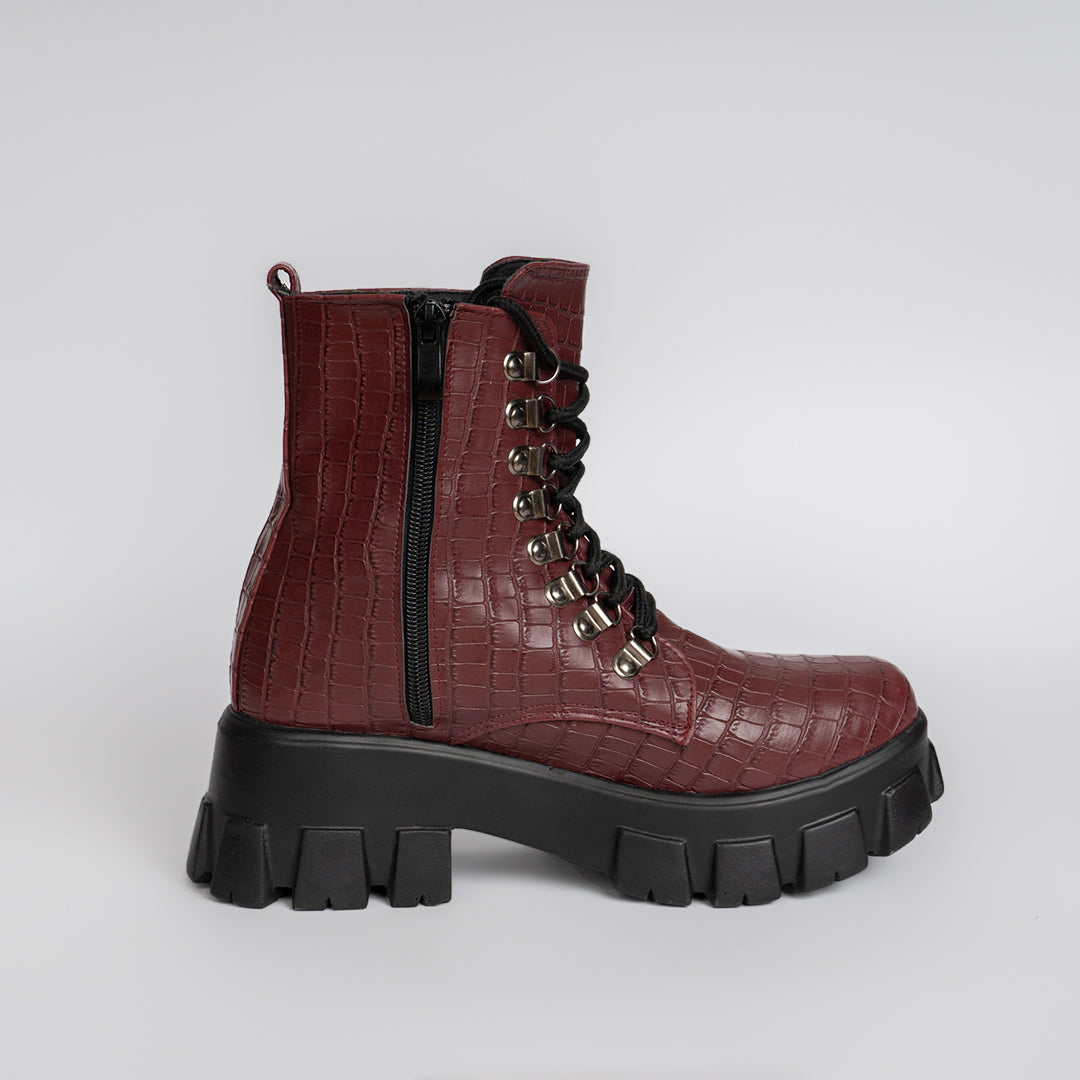 Croco Leather Boot - Burgundy