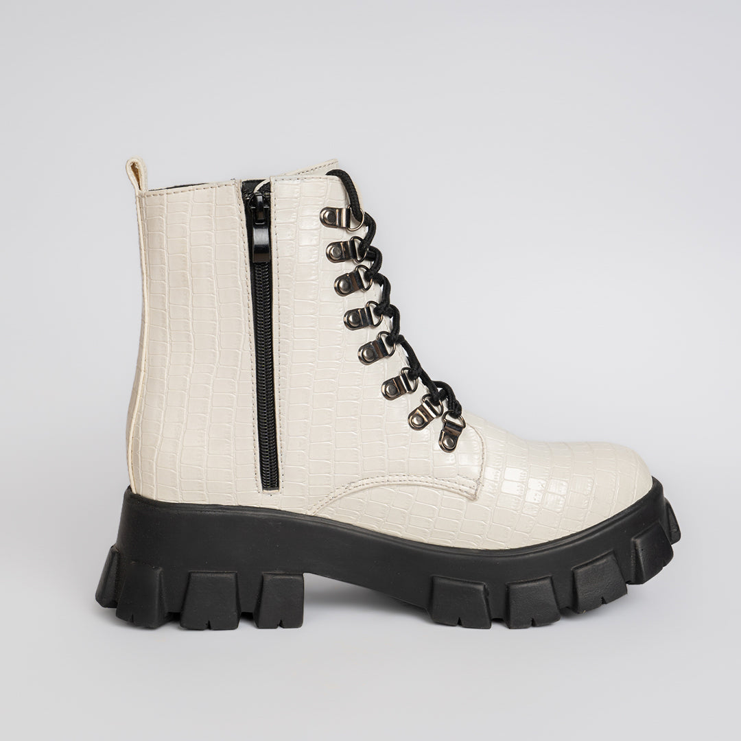 Croco Leather Boot - White