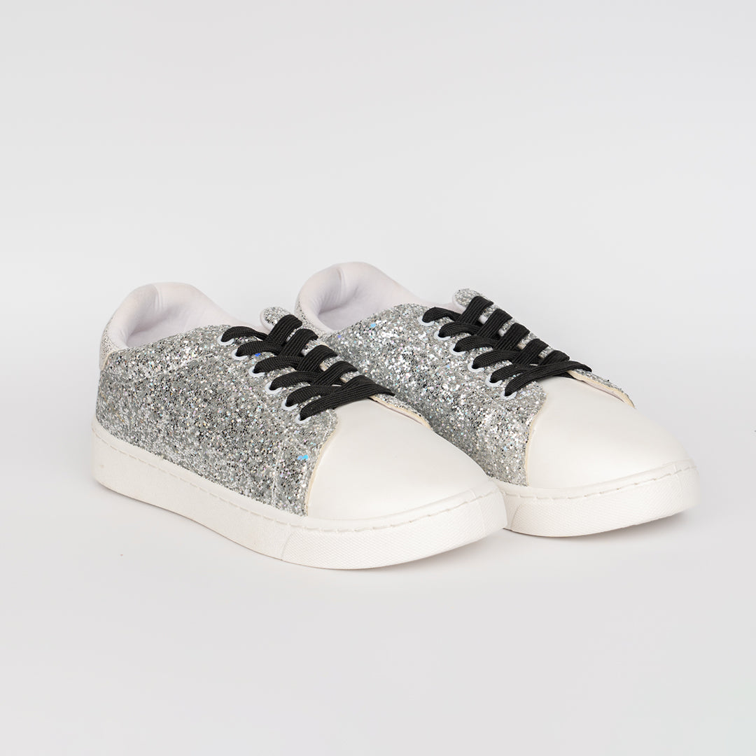 Women Glitter Sneakers Silver&White