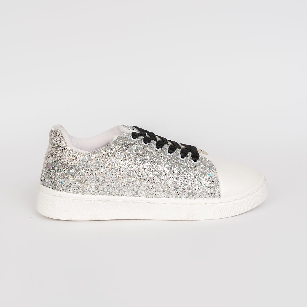 Women Glitter Sneakers Silver&White